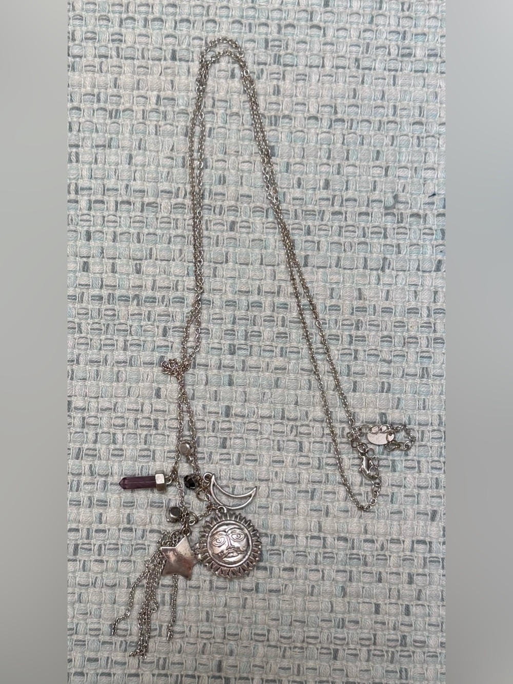 Silver Sun & Moon Charm Necklace with Purple Accent